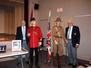 Our speakers and their guests for the evening. From left: Gary, mannequin in Fenian Raid uniform, mannequin in Boer War uniform, and Earl