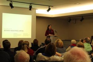 Ajax Librarian Elaine Lievaart discussing the history of Defense Industries Limited and the Bomb Girls